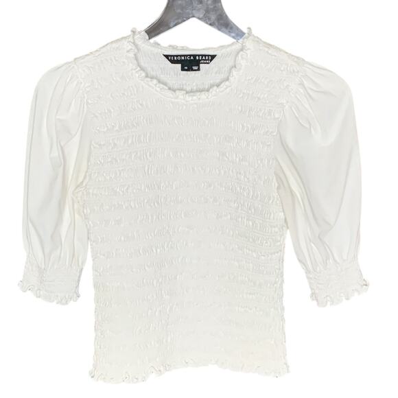 Veronica Beard XS Womens Langston Smocked Top White Puff Sleeve - Picture 2 of 9